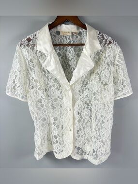 Vintage Victoria Secret Gold Label White Sheer Lace Button Up Top Women's Size M